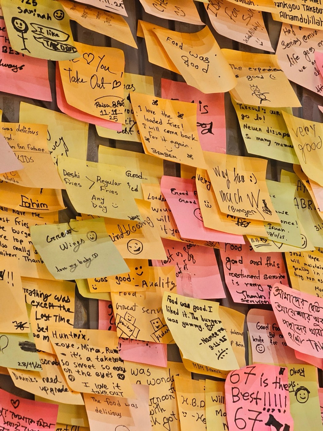 A wall covered in colorful handwritten sticky notes